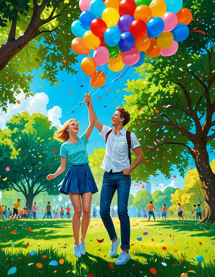 A whimsical scene depicting a joyful person pulling a lighthearted prank on a friend, both characters laughing amidst vibrant balloons and confetti. The background should feature a sunny park setting, embodying a sense of happiness and camaraderie. Include playful cartoon elements like exaggerated facial expressions and colorful surroundings to enhance the whimsical feel. vector art. vibrant colors. playful style.