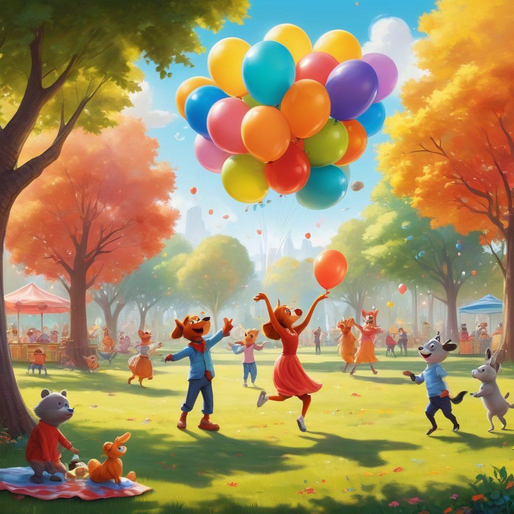 A whimsical scene with colorful cartoon characters engaging in playful activities, such as juggling, dancing, and telling jokes in a vibrant, sunny park. Laughter emanates from a group of people picnicking nearby, surrounded by cheerful balloons and playful animals. The atmosphere should feel lively and joyful, capturing the essence of humor and playfulness in everyday life. cartoon style. vibrant colors. sunny background.