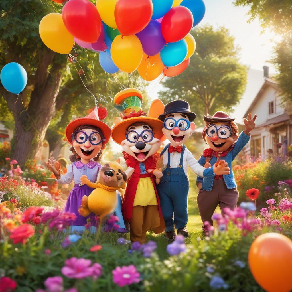 A whimsical scene showcasing a diverse group of characters, each with playful expressions, engaging in humorous antics outdoors, surrounded by vibrant flowers and colorful balloons. The sunlight casts a warm glow, highlighting their joyful interactions as they share laughter and fun. Incorporate elements like quirky props (like oversized glasses and funny hats) to emphasize the playful theme. cartoonish style. vibrant colors. cheerful atmosphere.